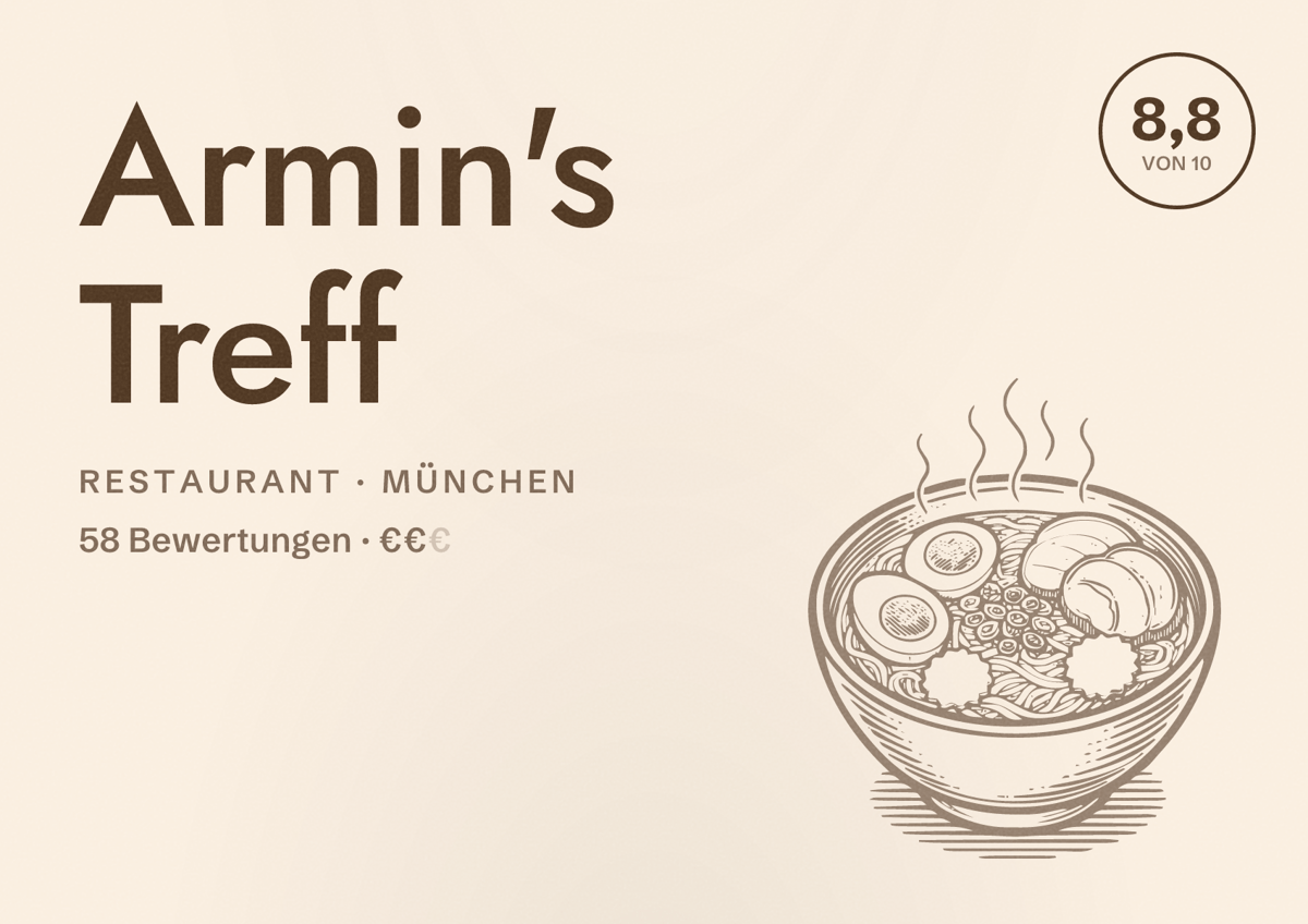 Illustriertes Poster von Armin's Treff, Restaurant in München: Bewertung 8,8 von 10 aus 58 Bewertungen, Preisniveau €€