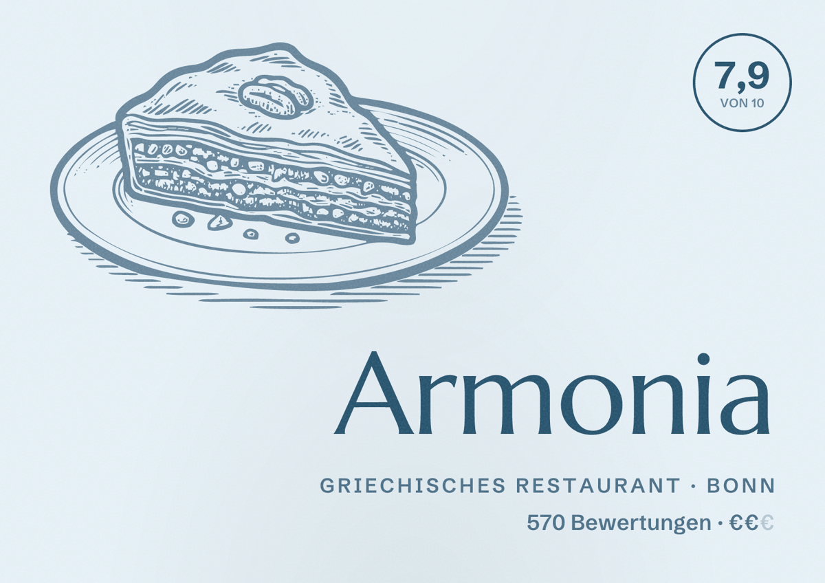 Illustriertes Poster von Armonia, Griechisches Restaurant in Bonn: Bewertung 7,9 von 10 aus 570 Bewertungen, Preisniveau €€