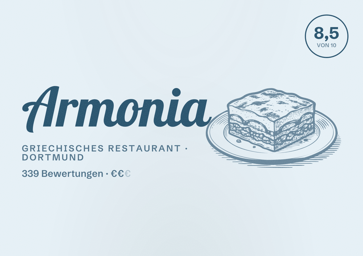 Illustriertes Poster von Armonia, Griechisches Restaurant in Dortmund: Bewertung 8,5 von 10 aus 339 Bewertungen, Preisniveau €€