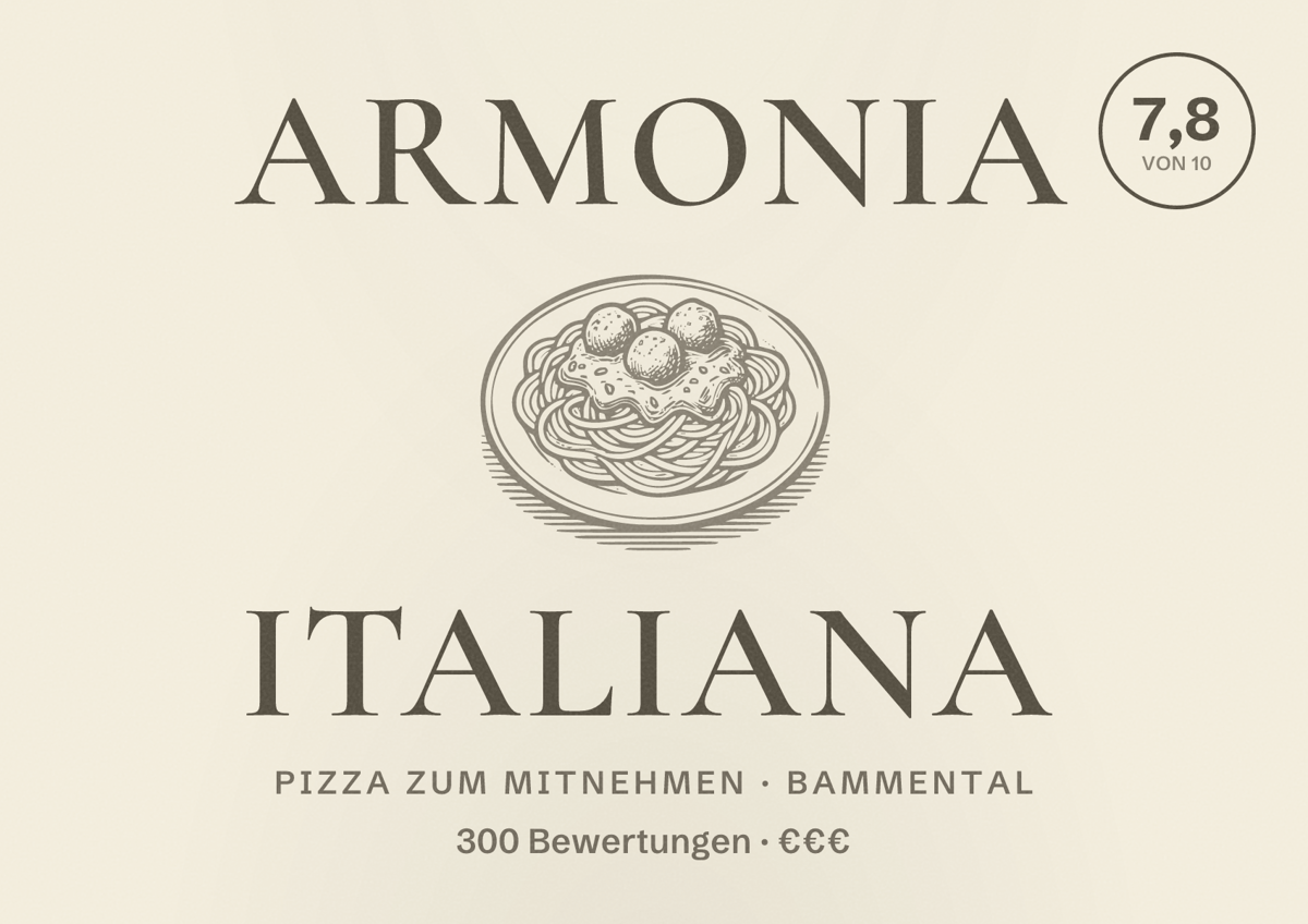 Illustriertes Poster von Armonia italiana, Pizza zum Mitnehmen in Bammental: Bewertung 7,8 von 10 aus 300 Bewertungen, Preisniveau €€€