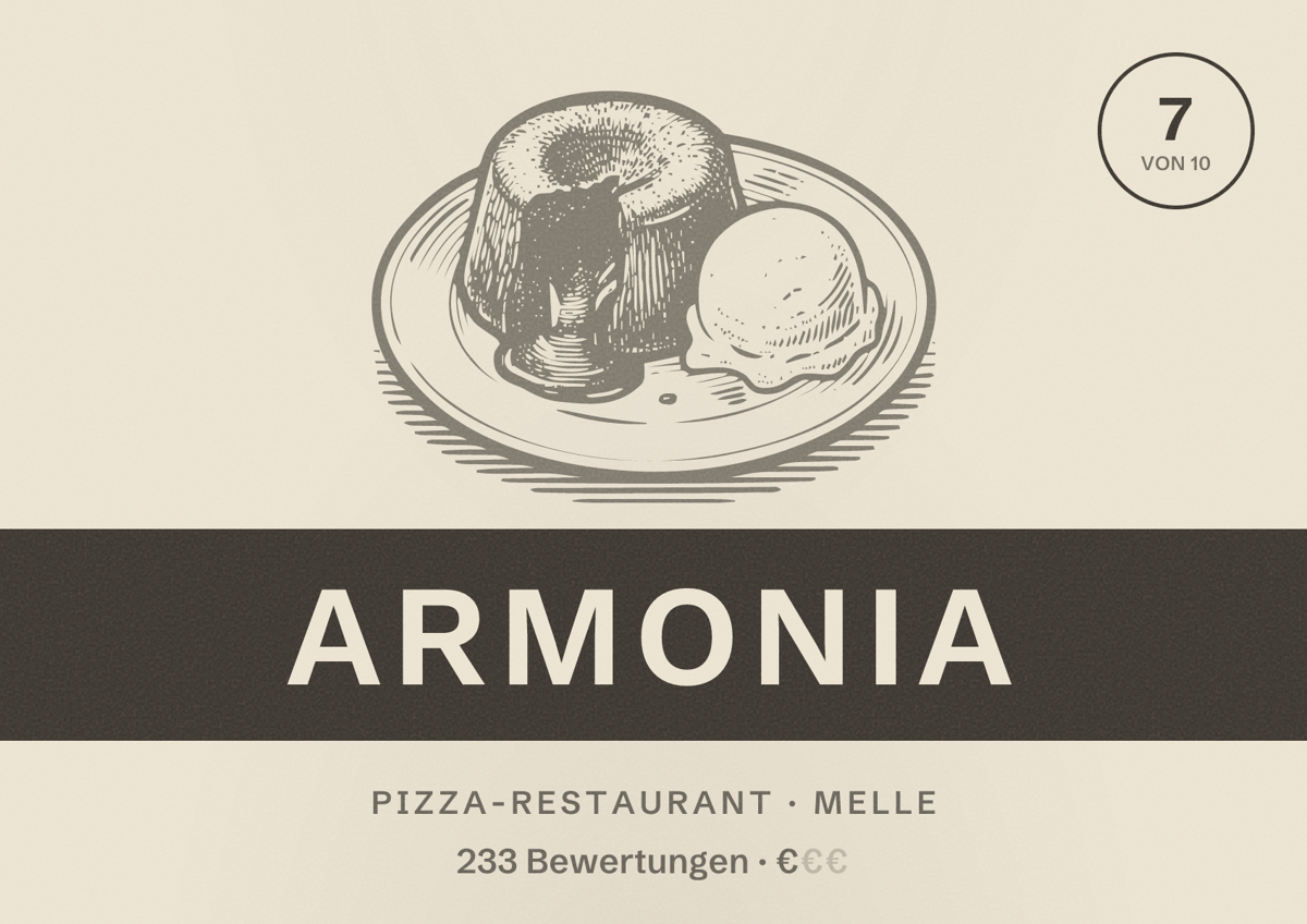 Illustriertes Poster von Armonia, Pizza-Restaurant in Melle: Bewertung 7 von 10 aus 233 Bewertungen, Preisniveau €