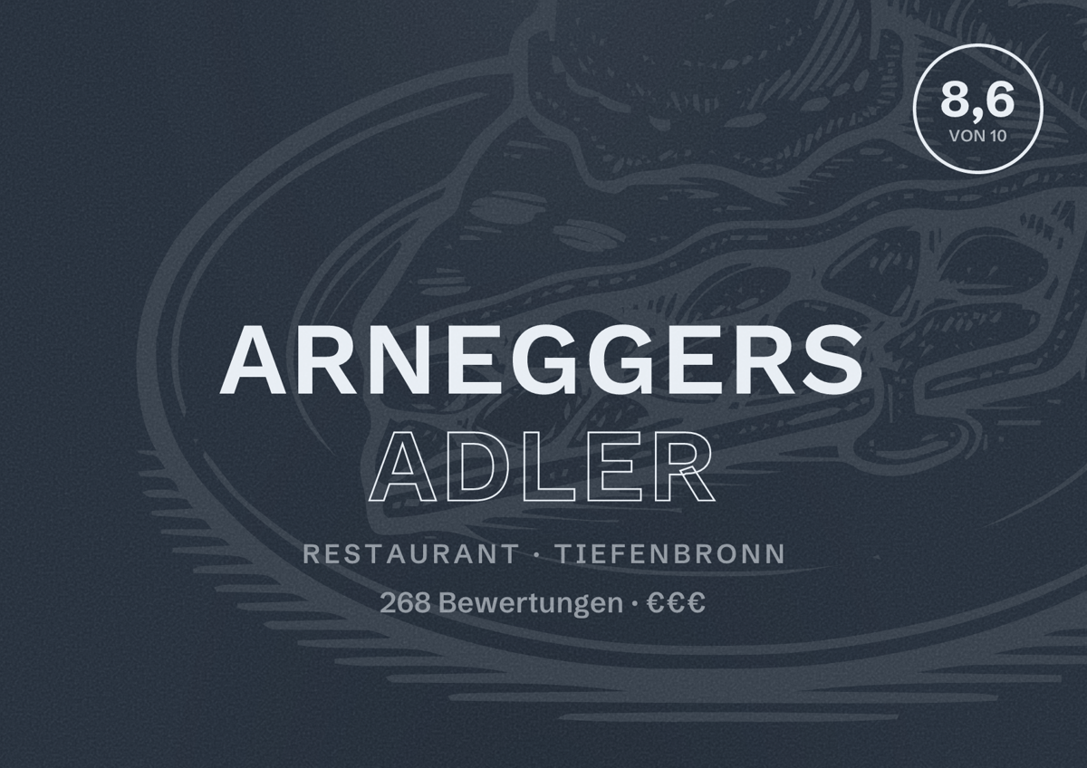 Illustriertes Poster von Arneggers Adler, Restaurant in Tiefenbronn: Bewertung 8,6 von 10 aus 268 Bewertungen, Preisniveau €€€