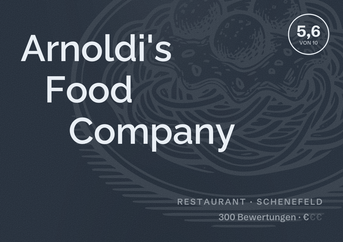 Illustriertes Poster von Arnoldi's Food Company, Restaurant in Schenefeld: Bewertung 5,6 von 10 aus 300 Bewertungen, Preisniveau €