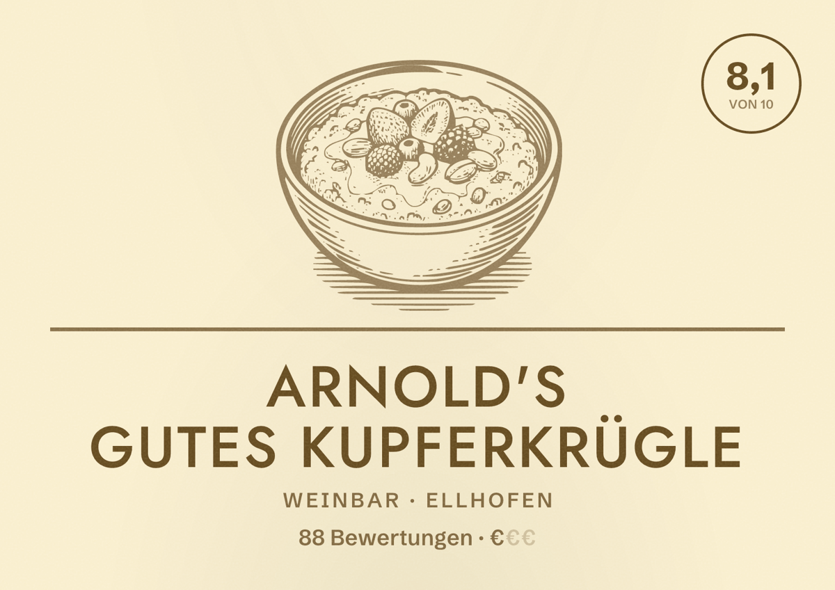 Illustriertes Poster von Arnold's gutes Kupferkrügle, Weinbar in Ellhofen: Bewertung 8,1 von 10 aus 88 Bewertungen, Preisniveau €