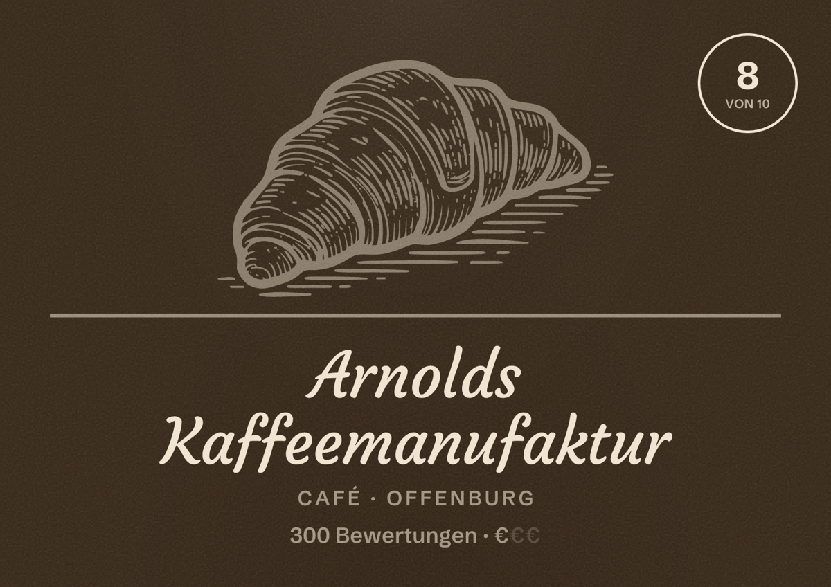 Illustriertes Poster von Arnolds Kaffeemanufaktur, Café in Offenburg: Bewertung 8 von 10 aus 300 Bewertungen, Preisniveau €