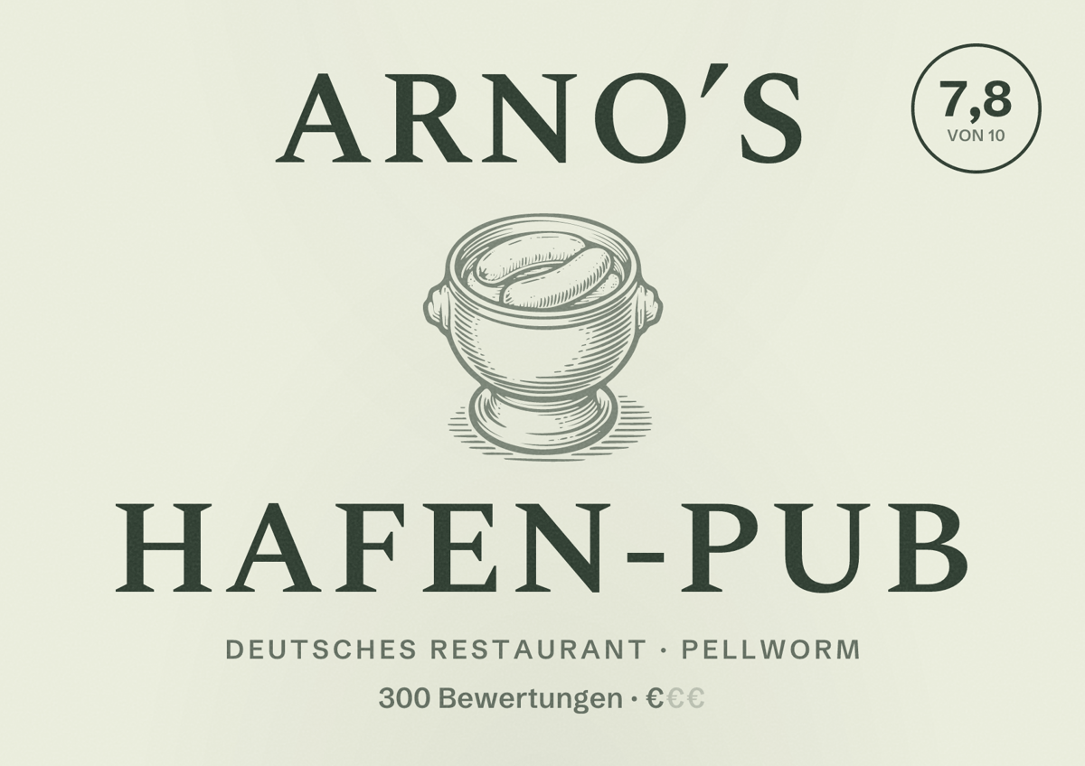 Illustriertes Poster von Arno’s Hafen-Pub, Deutsches Restaurant in Pellworm: Bewertung 7,8 von 10 aus 300 Bewertungen, Preisniveau €