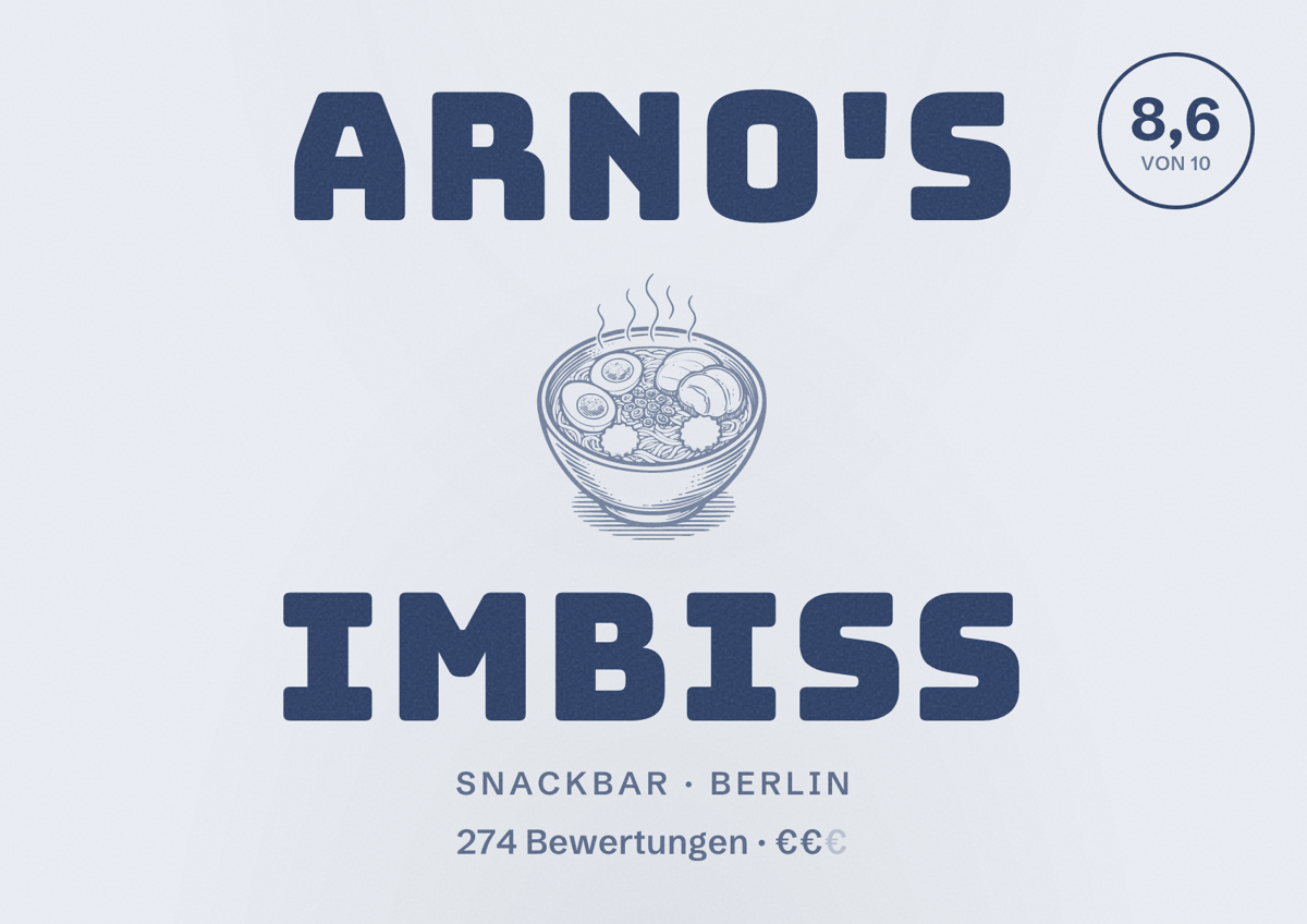 Illustriertes Poster von Arno's Imbiss, Snackbar in Berlin: Bewertung 8,6 von 10 aus 274 Bewertungen, Preisniveau €€