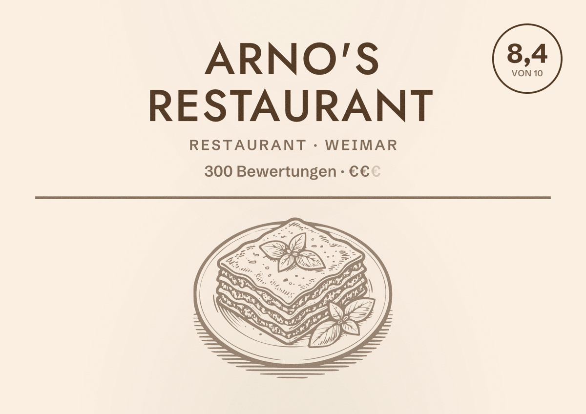 Illustriertes Poster von Arno's Restaurant, Restaurant in Weimar: Bewertung 8,4 von 10 aus 300 Bewertungen, Preisniveau €€