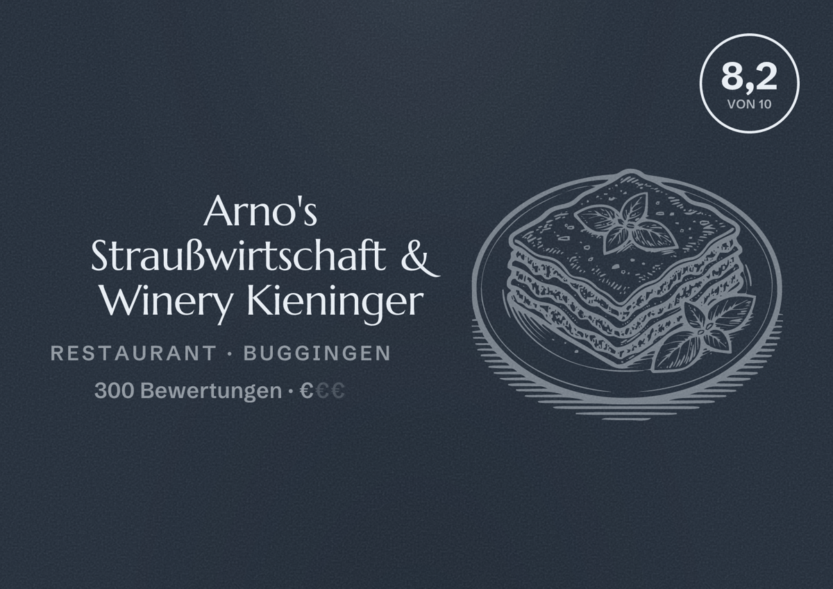 Illustriertes Poster von Arno's Straußwirtschaft & Winery Kieninger, Restaurant in Buggingen: Bewertung 8,2 von 10 aus 300 Bewertungen, Preisniveau €