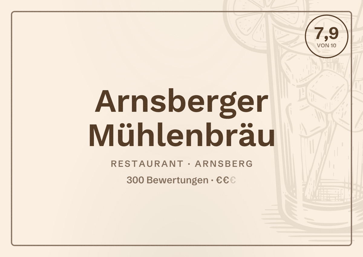 Illustriertes Poster von Arnsberger Mühlenbräu, Restaurant in Arnsberg: Bewertung 7,9 von 10 aus 300 Bewertungen, Preisniveau €€