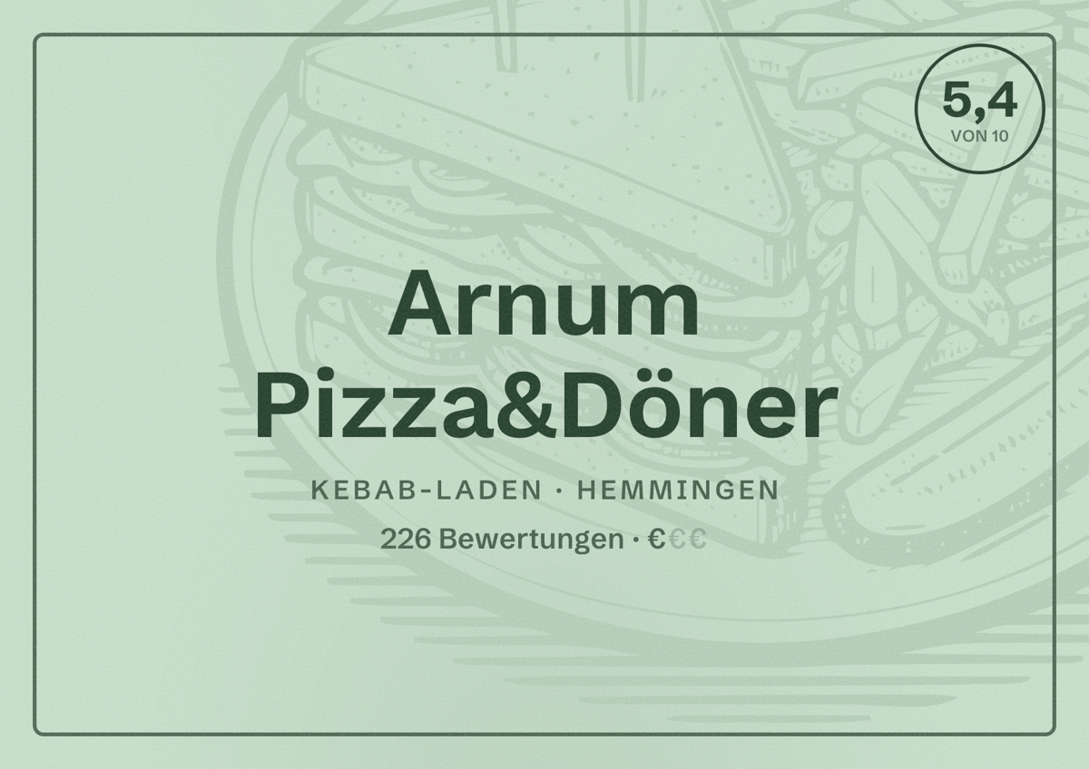 Illustriertes Poster von Arnum Pizza&Döner, Kebab-Laden in Hemmingen: Bewertung 5,4 von 10 aus 226 Bewertungen, Preisniveau €