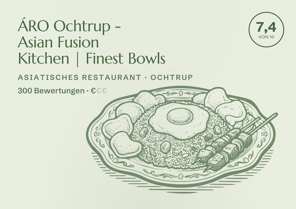 Illustriertes Poster von ÁRO Ochtrup - Asian Fusion Kitchen | Finest Bowls, Asiatisches Restaurant in Ochtrup: Bewertung 7,4 von 10 aus 300 Bewertungen, Preisniveau €