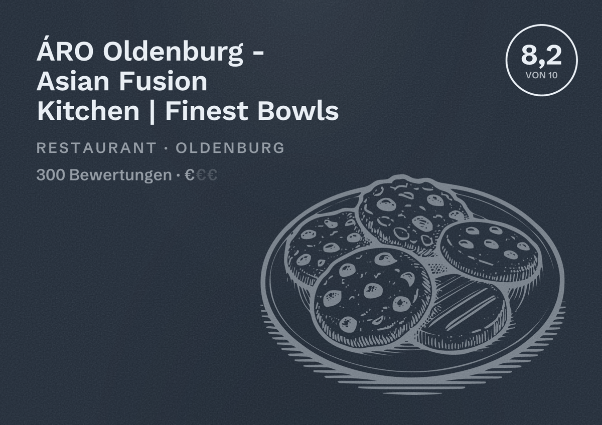 Illustriertes Poster von ÁRO Oldenburg - Asian Fusion Kitchen | Finest Bowls, Restaurant in Oldenburg: Bewertung 8,2 von 10 aus 300 Bewertungen, Preisniveau €