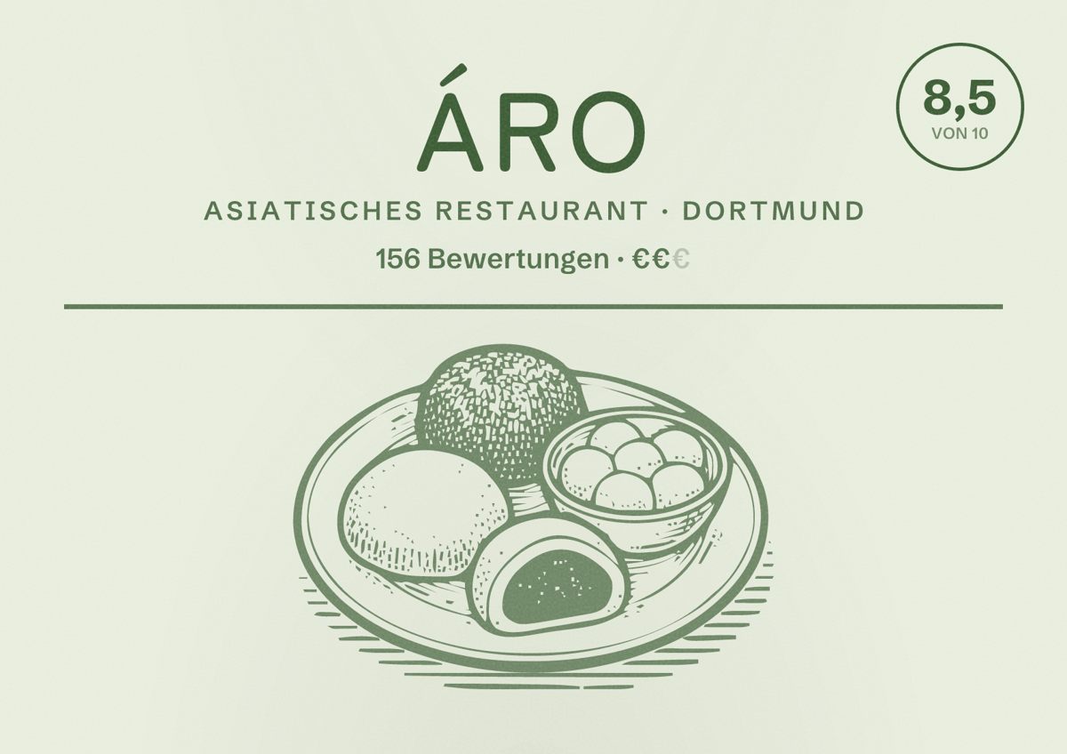 Illustriertes Poster von ÁRO, Asiatisches Restaurant in Dortmund: Bewertung 8,5 von 10 aus 156 Bewertungen, Preisniveau €€