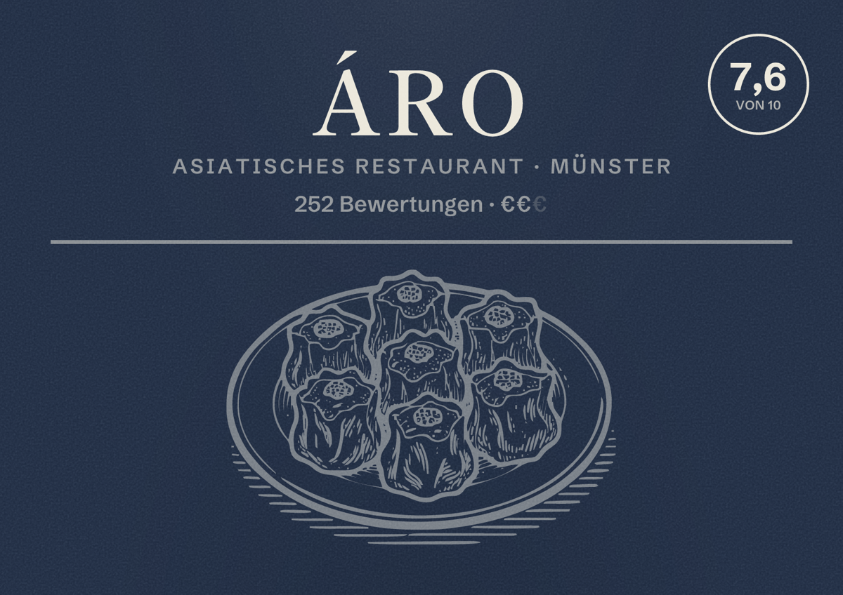 Illustriertes Poster von ÁRO, Asiatisches Restaurant in Münster: Bewertung 7,6 von 10 aus 252 Bewertungen, Preisniveau €€