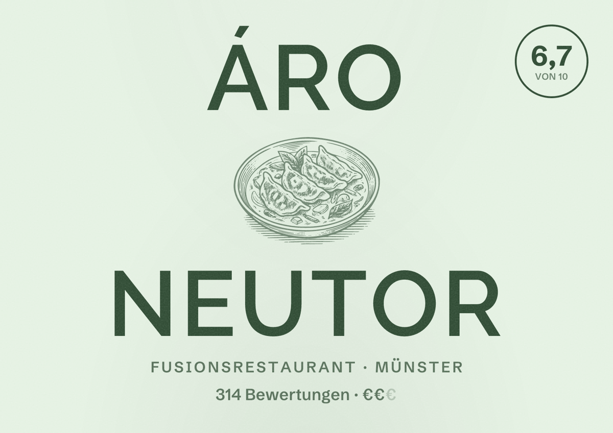 Illustriertes Poster von ÁRO Neutor, Fusionsrestaurant in Münster: Bewertung 6,7 von 10 aus 314 Bewertungen, Preisniveau €€