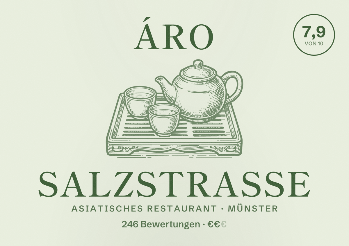 Illustriertes Poster von ÁRO Salzstrasse, Asiatisches Restaurant in Münster: Bewertung 7,9 von 10 aus 246 Bewertungen, Preisniveau €€