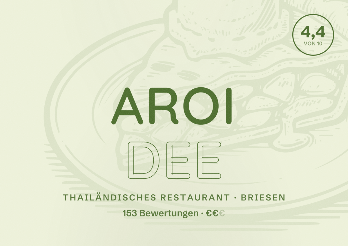 Illustriertes Poster von Aroi Dee, Thailändisches Restaurant in Briesen: Bewertung 4,4 von 10 aus 153 Bewertungen, Preisniveau €€