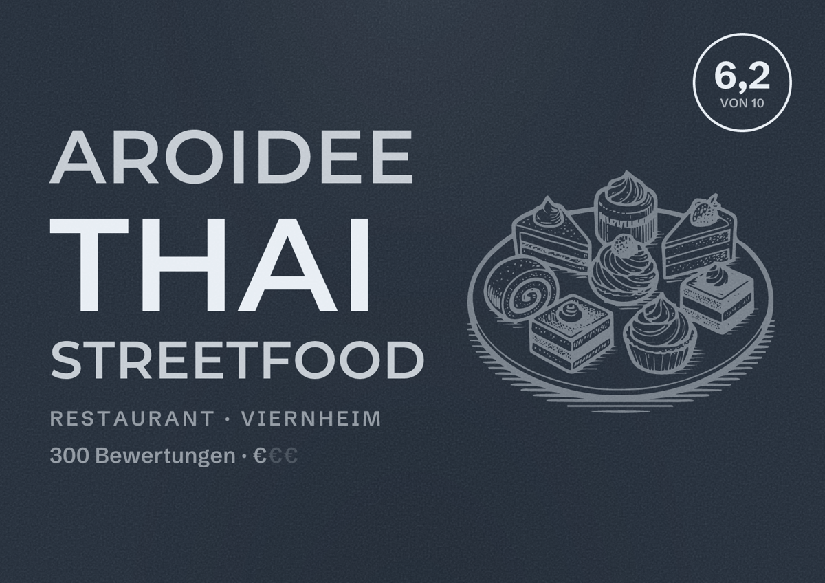Illustriertes Poster von Aroidee Thai Streetfood, Restaurant in Viernheim: Bewertung 6,2 von 10 aus 300 Bewertungen, Preisniveau €