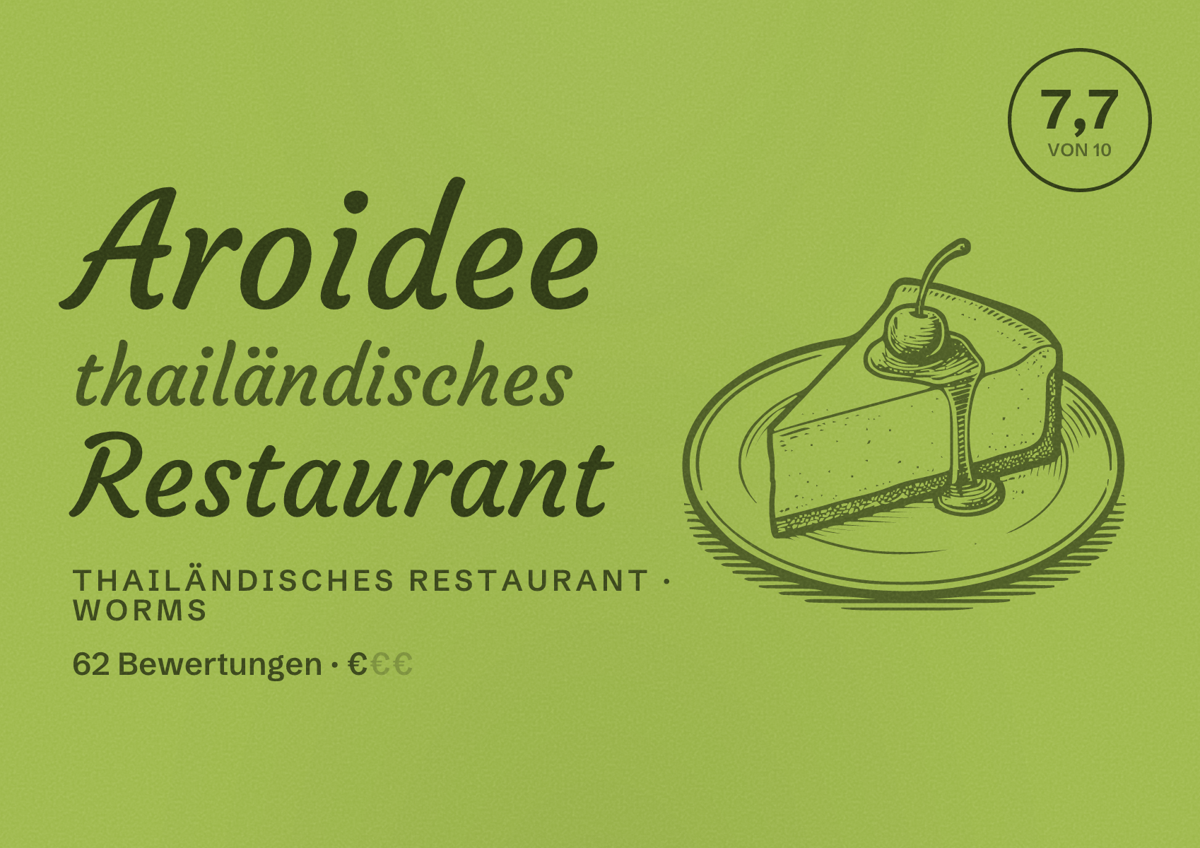 Illustriertes Poster von Aroidee thailändisches Restaurant, Thailändisches Restaurant in Worms: Bewertung 7,7 von 10 aus 62 Bewertungen, Preisniveau €