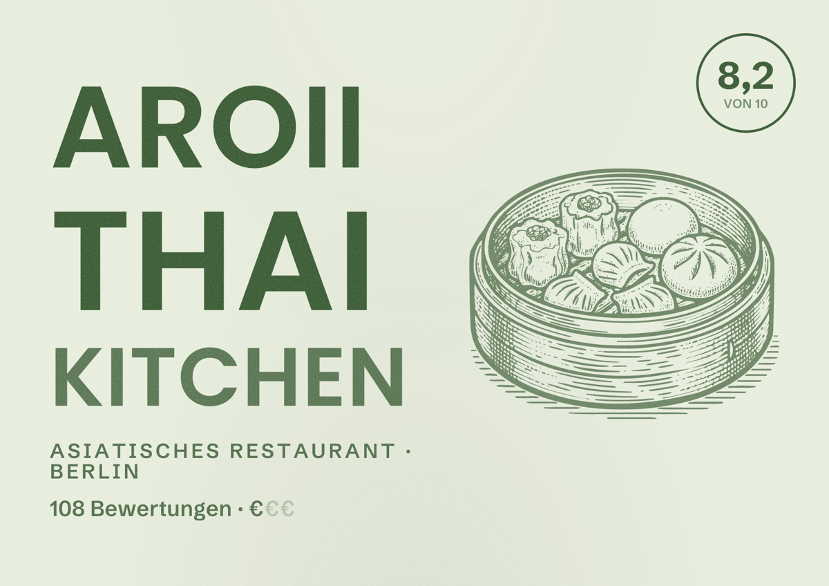 Illustriertes Poster von Aroii Thai Kitchen, Asiatisches Restaurant in Berlin: Bewertung 8,2 von 10 aus 108 Bewertungen, Preisniveau €