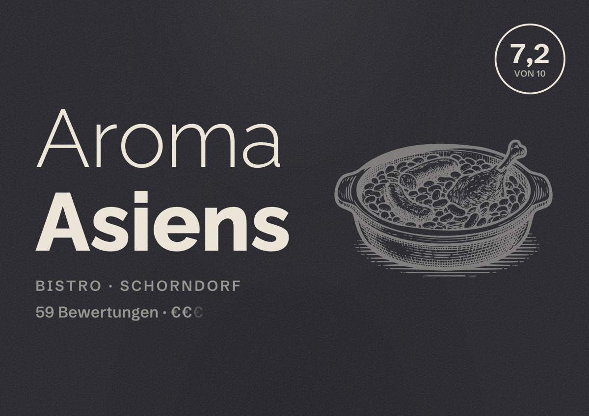 Illustriertes Poster von Aroma Asiens, Bistro in Schorndorf: Bewertung 7,2 von 10 aus 59 Bewertungen, Preisniveau €€