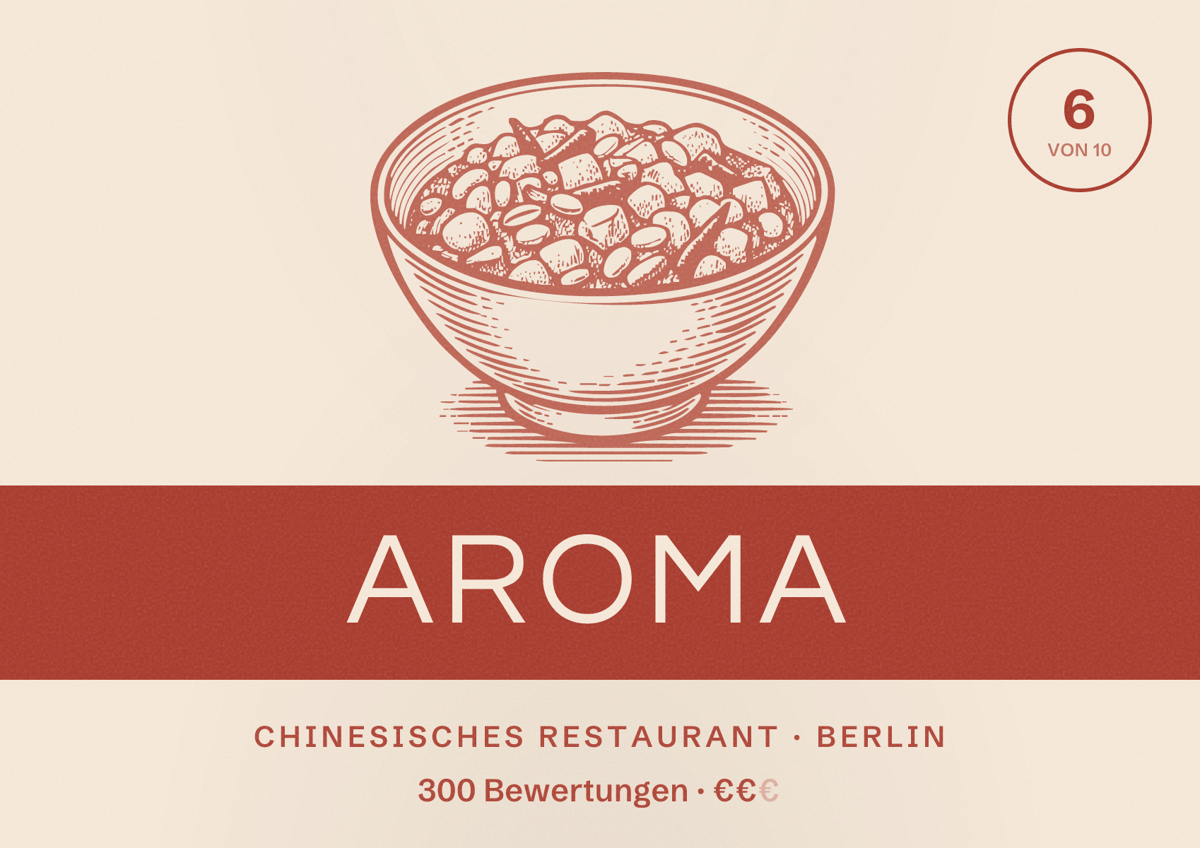 Illustriertes Poster von Aroma, Chinesisches Restaurant in Berlin: Bewertung 6,0 von 10 aus 300 Bewertungen, Preisniveau €€