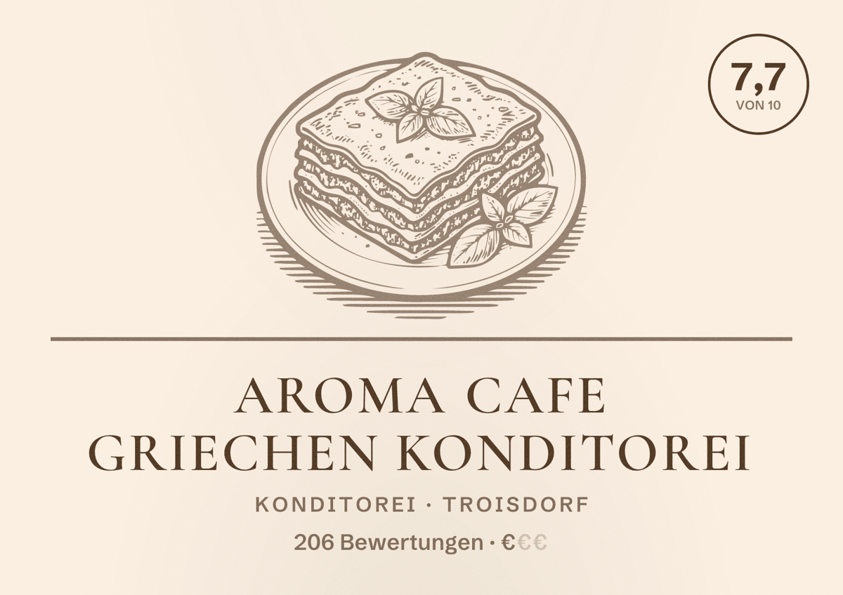 Illustriertes Poster von Aroma cafe Griechen Konditorei, Konditorei in Troisdorf: Bewertung 7,7 von 10 aus 206 Bewertungen, Preisniveau €