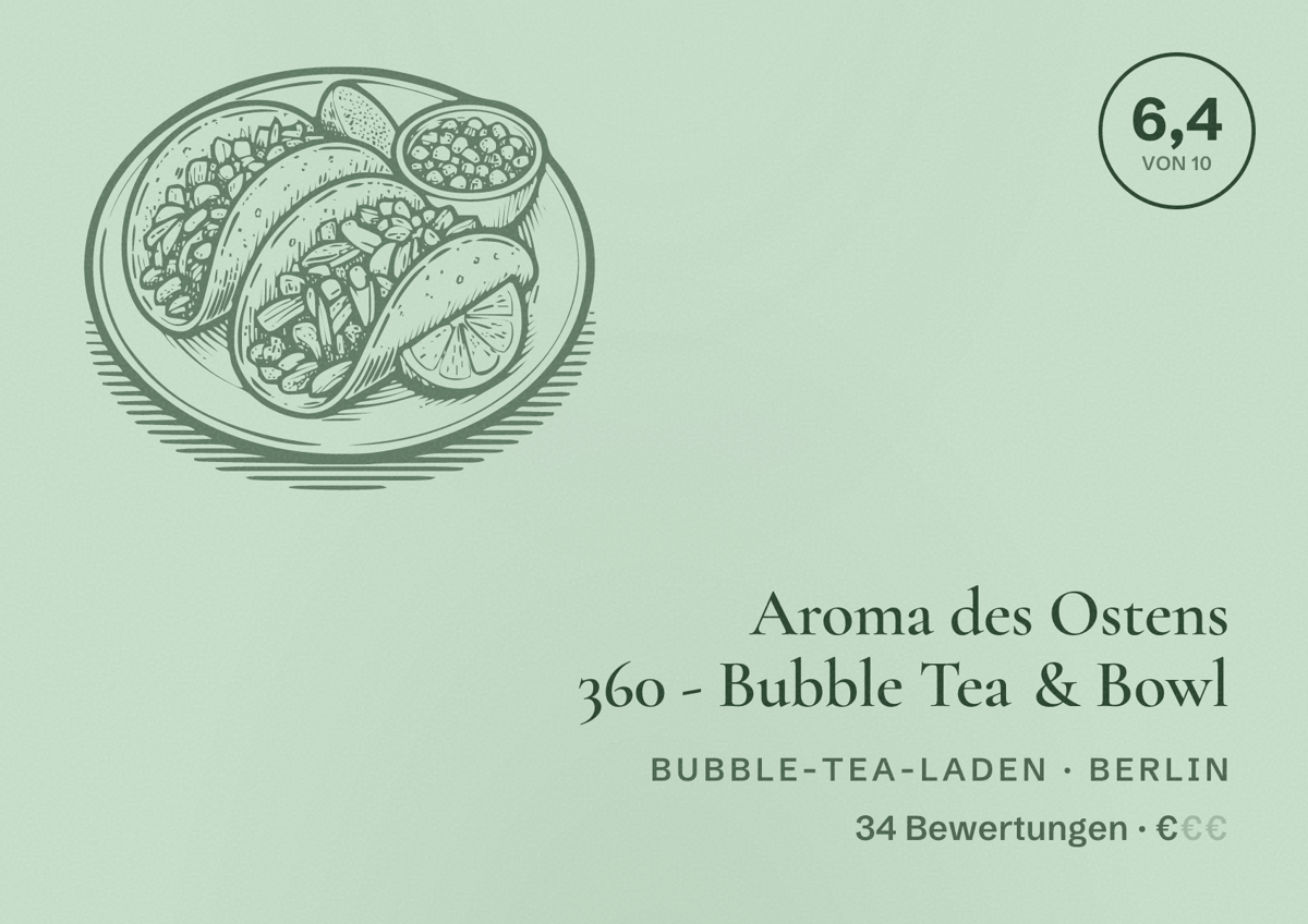 Illustriertes Poster von Aroma des Ostens 360 - Bubble Tea & Bowl, Bubble-Tea-Laden in Berlin: Bewertung 6,4 von 10 aus 34 Bewertungen, Preisniveau €