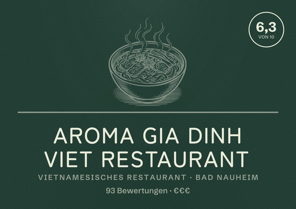 Illustriertes Poster von Aroma Gia Dinh Viet Restaurant, Vietnamesisches Restaurant in Bad Nauheim: Bewertung 6,3 von 10 aus 93 Bewertungen, Preisniveau €€€
