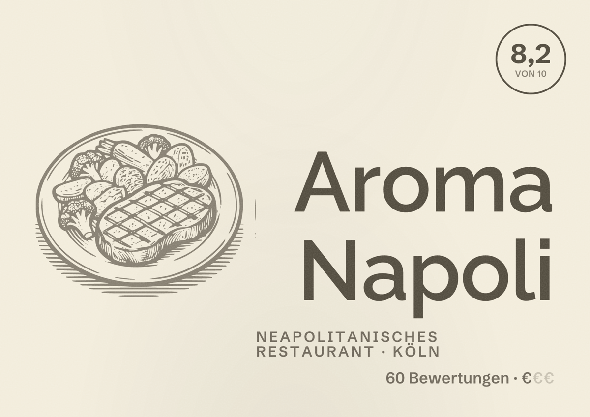 Illustriertes Poster von Aroma Napoli, Neapolitanisches Restaurant in Köln: Bewertung 8,2 von 10 aus 60 Bewertungen, Preisniveau €