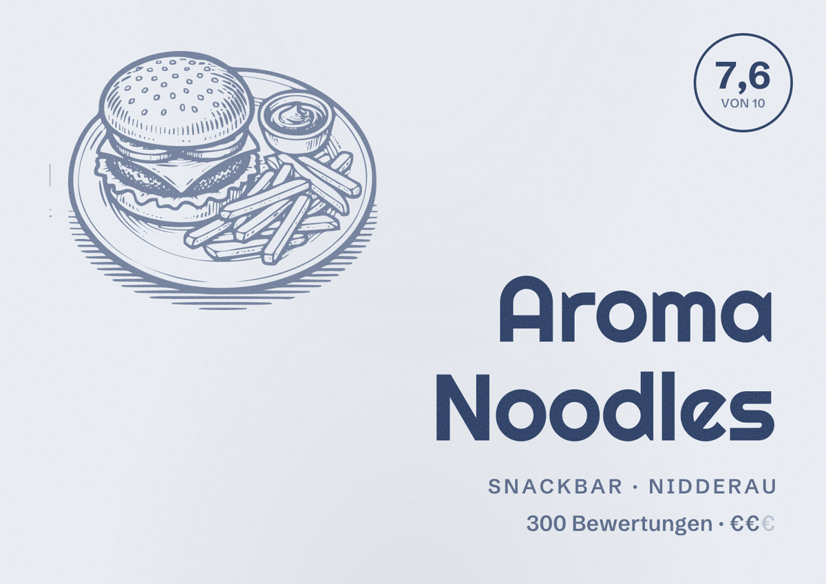 Illustriertes Poster von Aroma Noodles, Snackbar in Nidderau: Bewertung 7,6 von 10 aus 300 Bewertungen, Preisniveau €€
