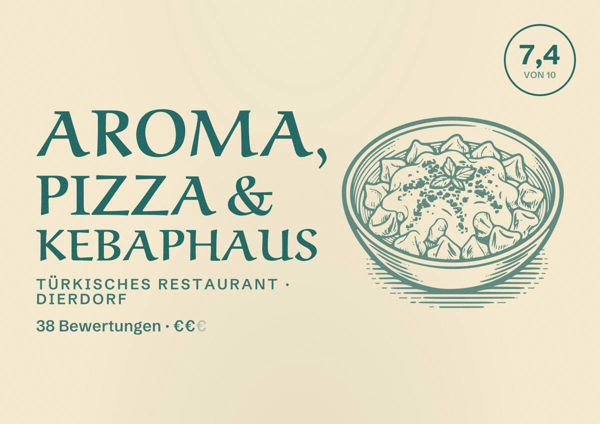 Illustriertes Poster von AROMA, PIZZA & KEBAPHAUS, Türkisches Restaurant in Dierdorf: Bewertung 7,4 von 10 aus 38 Bewertungen, Preisniveau €€