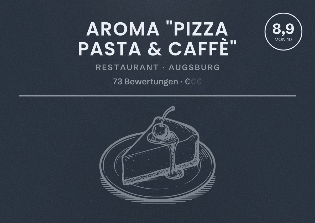 Illustriertes Poster von Aroma "Pizza Pasta & Caffè", Restaurant in Augsburg: Bewertung 8,9 von 10 aus 73 Bewertungen, Preisniveau €