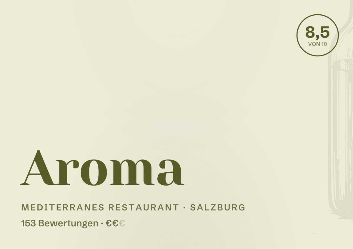 Illustriertes Poster von Aroma, Mediterranes Restaurant in Salzburg: Bewertung 8,5 von 10 aus 153 Bewertungen, Preisniveau €€