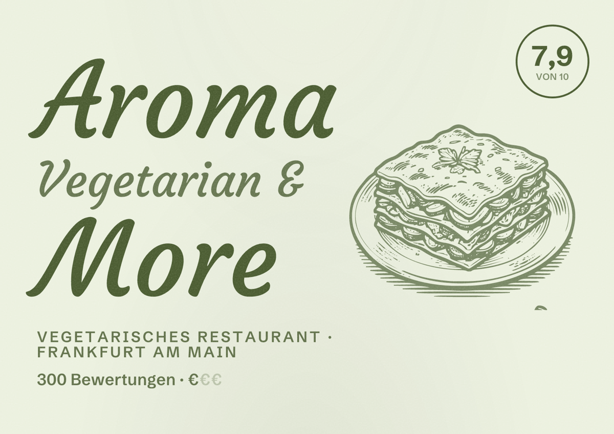 Illustriertes Poster von Aroma Vegetarian & More, Vegetarisches Restaurant in Frankfurt am Main: Bewertung 7,9 von 10 aus 300 Bewertungen, Preisniveau €