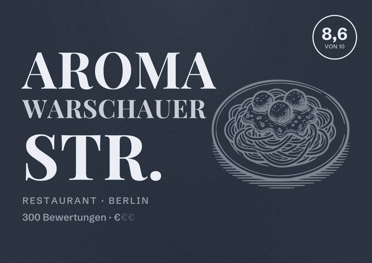 Illustriertes Poster von Aroma Warschauer Str., Restaurant in Berlin: Bewertung 8,6 von 10 aus 300 Bewertungen, Preisniveau €