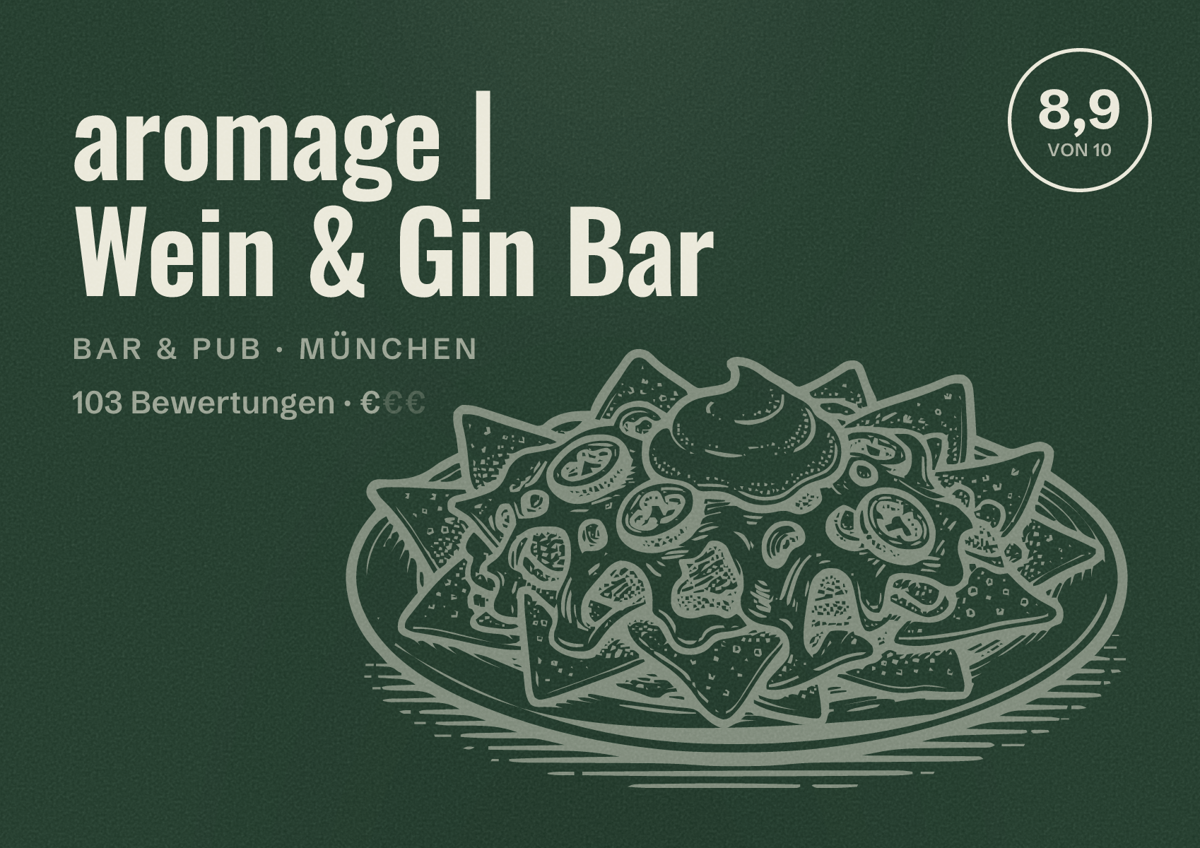 Illustriertes Poster von aromage | Wein & Gin Bar, Bar & Pub in München: Bewertung 8,9 von 10 aus 103 Bewertungen, Preisniveau €