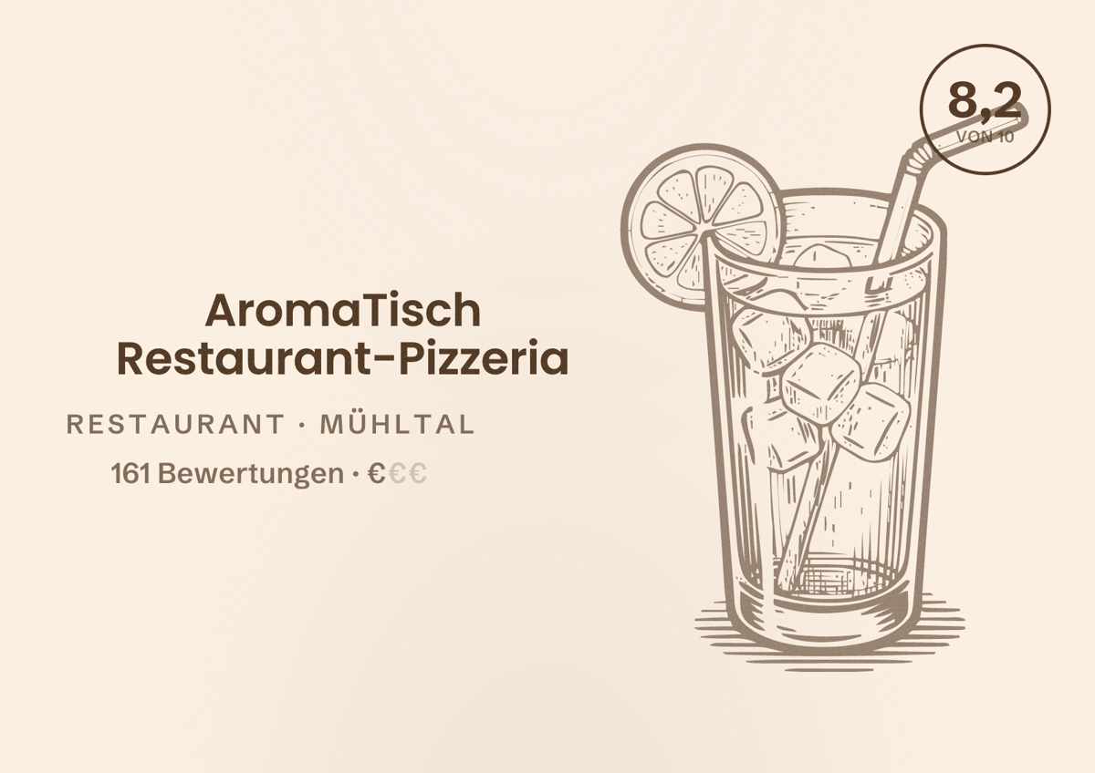 Illustriertes Poster von AromaTisch Restaurant-Pizzeria, Restaurant in Mühltal: Bewertung 8,2 von 10 aus 161 Bewertungen, Preisniveau €