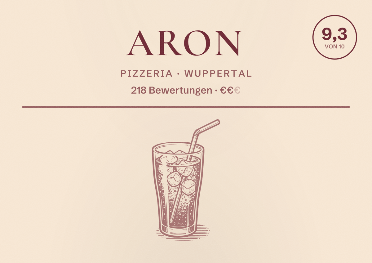 Illustriertes Poster von Aron, Pizzeria in Wuppertal: Bewertung 9,3 von 10 aus 218 Bewertungen, Preisniveau €€