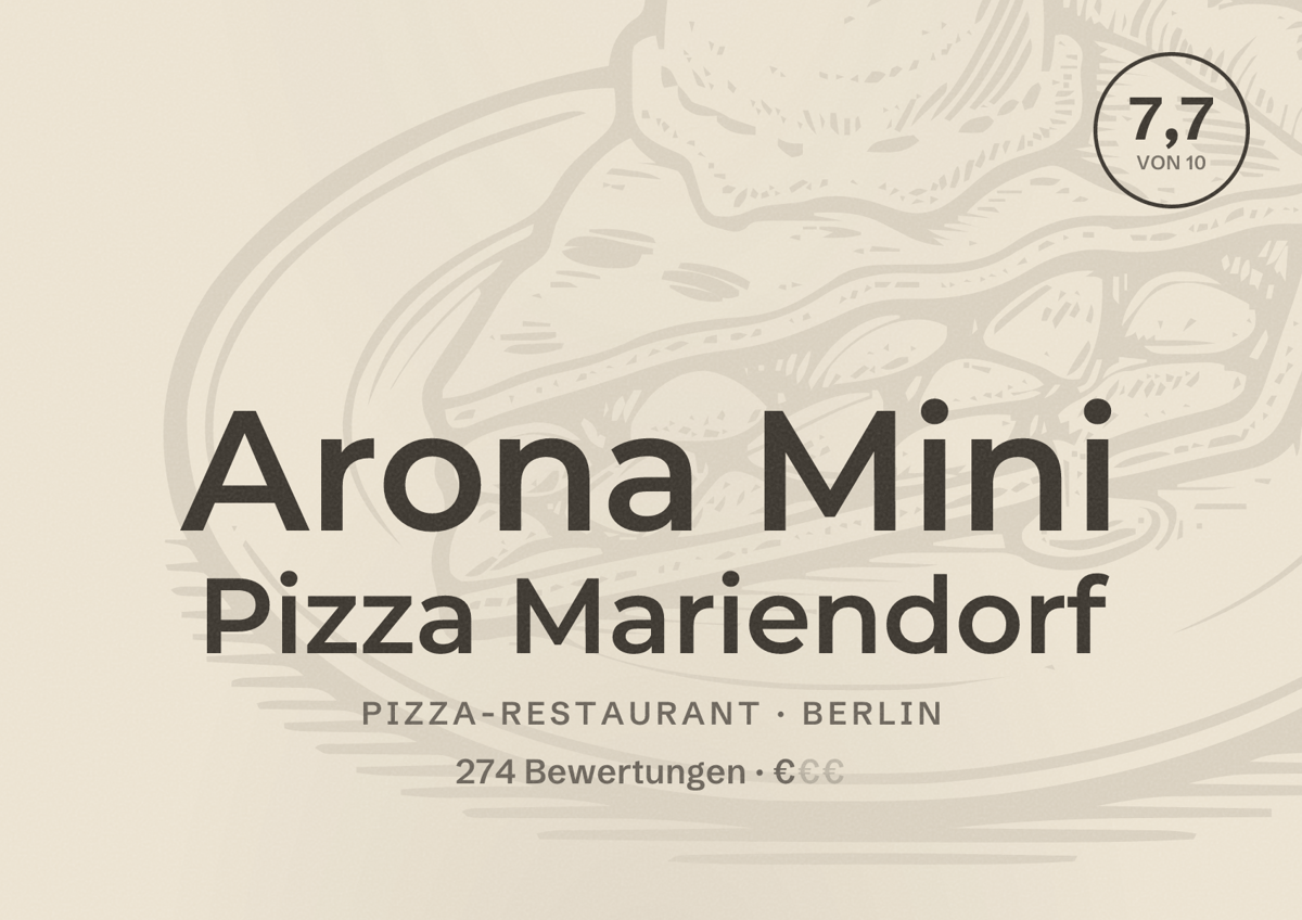 Illustriertes Poster von Arona Mini Pizza Mariendorf, Pizza-Restaurant in Berlin: Bewertung 7,7 von 10 aus 274 Bewertungen, Preisniveau €