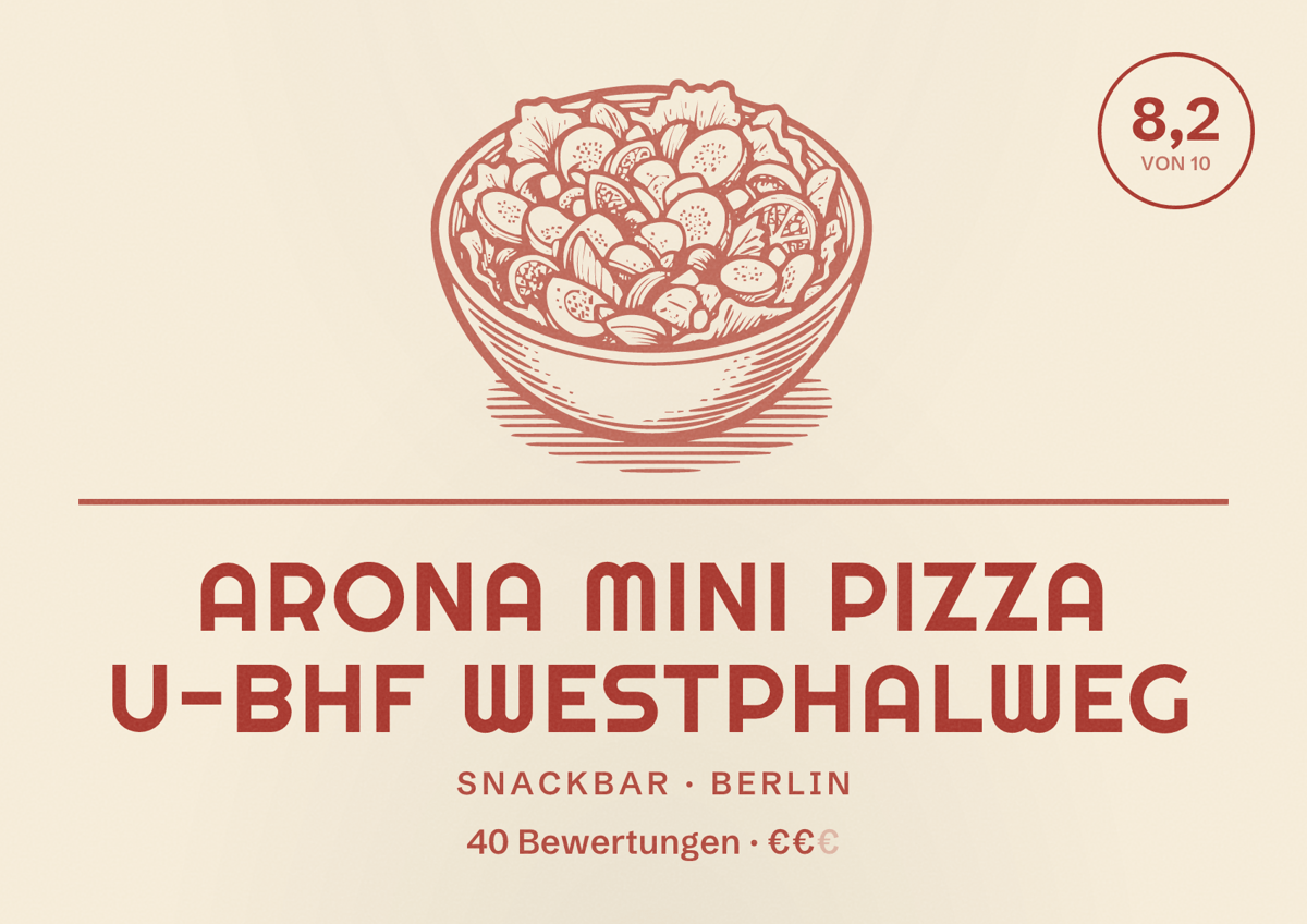Illustriertes Poster von Arona Mini Pizza U-Bhf Westphalweg, Snackbar in Berlin: Bewertung 8,2 von 10 aus 40 Bewertungen, Preisniveau €€