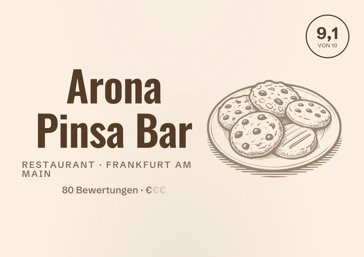 Illustriertes Poster von Arona Pinsa Bar, Restaurant in Frankfurt am Main: Bewertung 9,1 von 10 aus 80 Bewertungen, Preisniveau €