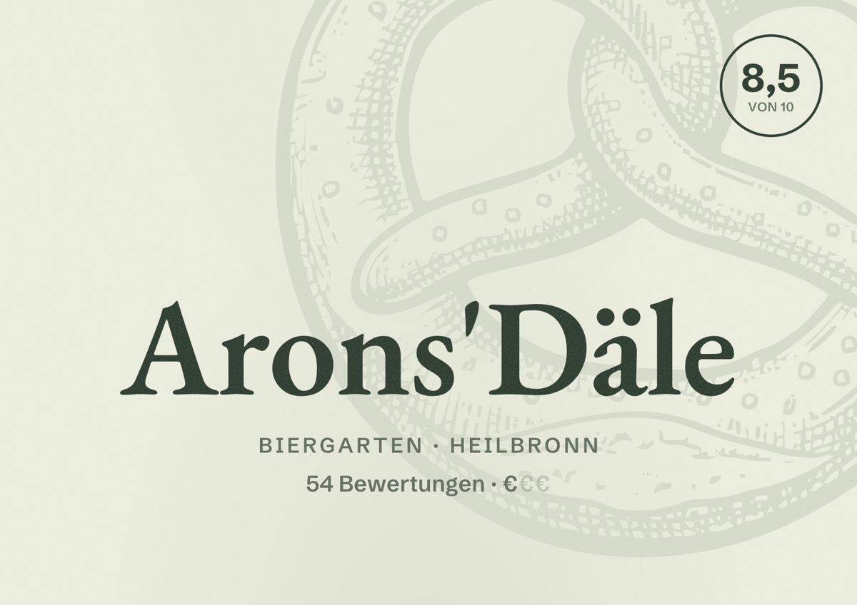 Illustriertes Poster von Arons'Däle, Biergarten in Heilbronn: Bewertung 8,5 von 10 aus 54 Bewertungen, Preisniveau €