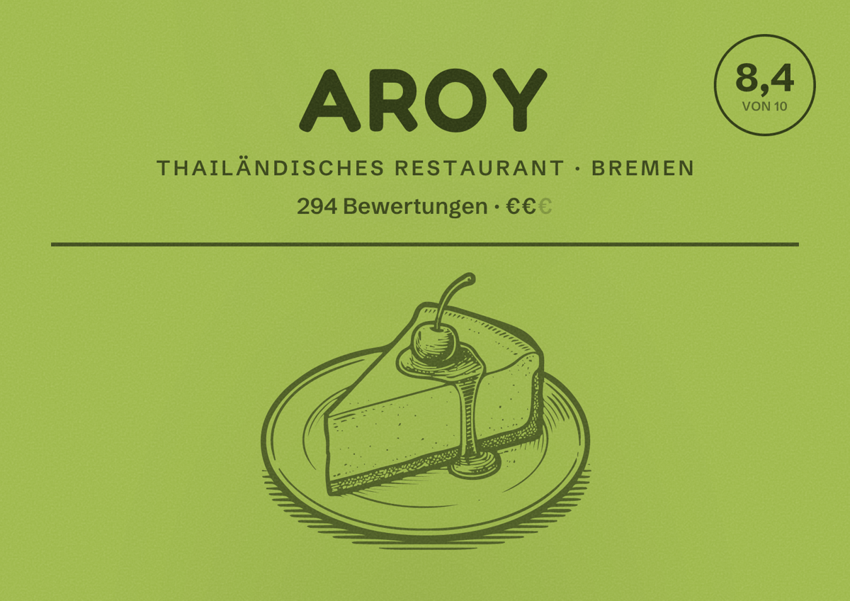Illustriertes Poster von Aroy, Thailändisches Restaurant in Bremen: Bewertung 8,4 von 10 aus 294 Bewertungen, Preisniveau €€