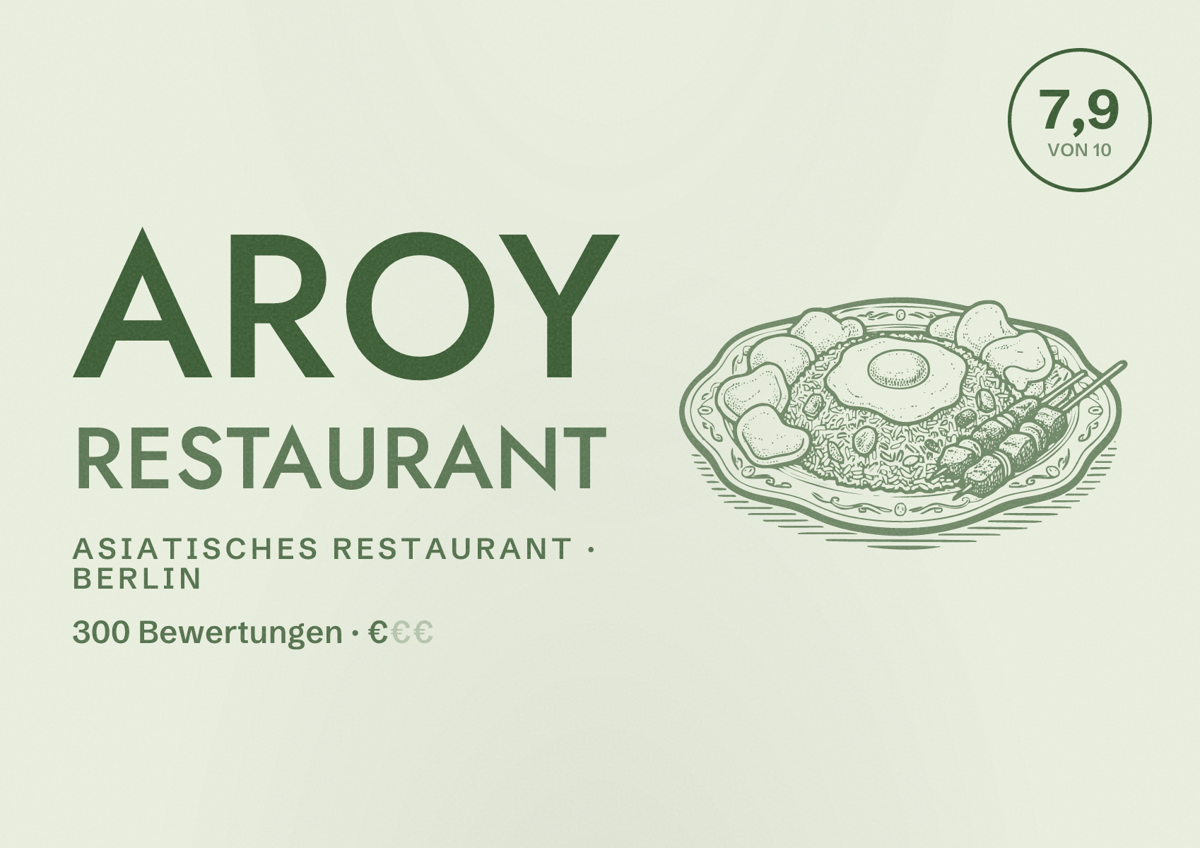 Illustriertes Poster von Aroy Restaurant, Asiatisches Restaurant in Berlin: Bewertung 7,9 von 10 aus 300 Bewertungen, Preisniveau €