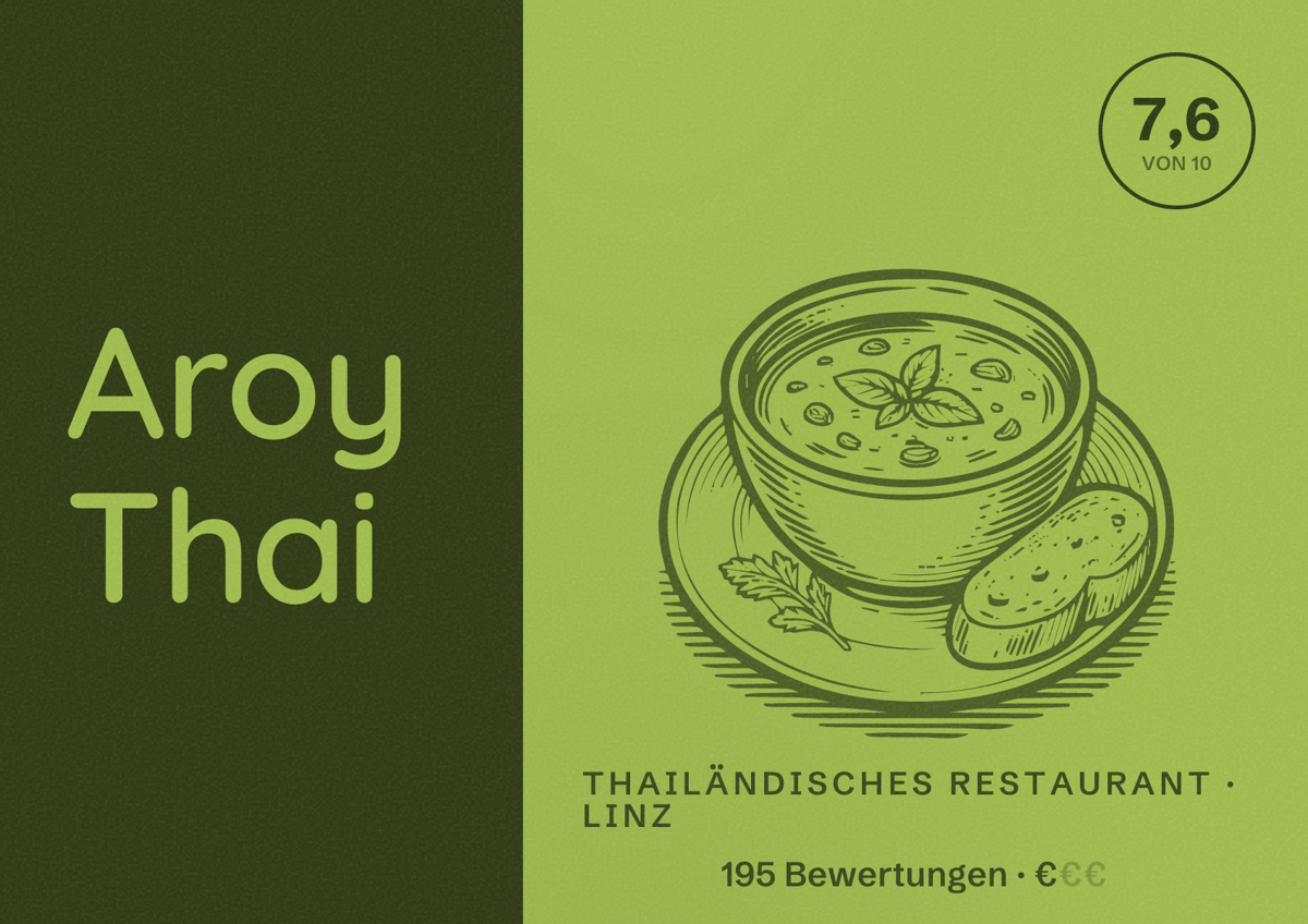 Illustriertes Poster von Aroy Thai, Thailändisches Restaurant in Linz: Bewertung 7,6 von 10 aus 195 Bewertungen, Preisniveau €