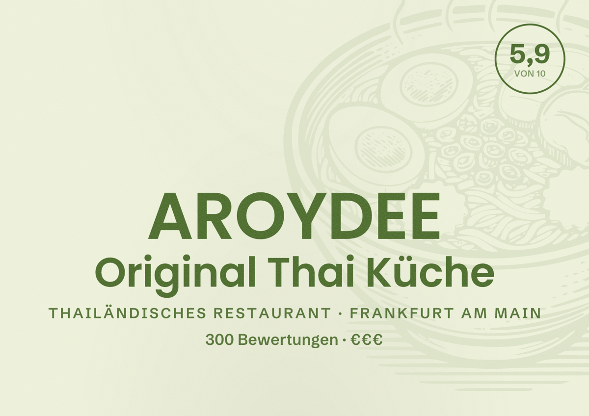 Illustriertes Poster von AROYDEE Original Thai Küche, Thailändisches Restaurant in Frankfurt am Main: Bewertung 5,9 von 10 aus 300 Bewertungen, Preisniveau €€€