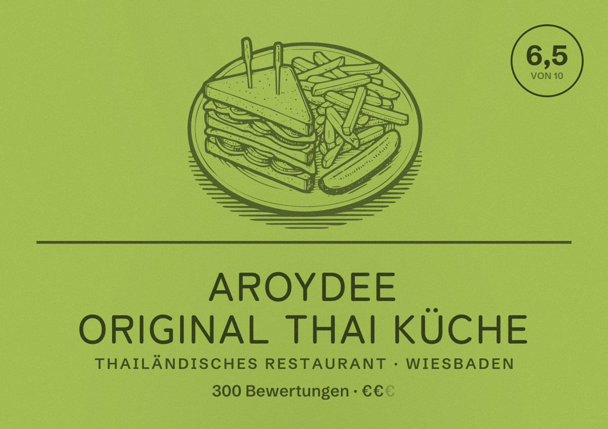 Illustriertes Poster von Aroydee Original Thai Küche, Thailändisches Restaurant in Wiesbaden: Bewertung 6,5 von 10 aus 300 Bewertungen, Preisniveau €€