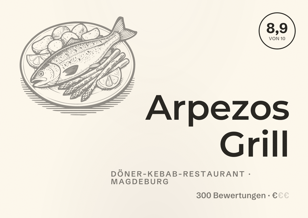 Illustriertes Poster von Arpezos Grill, Döner-Kebab-Restaurant in Magdeburg: Bewertung 8,9 von 10 aus 300 Bewertungen, Preisniveau €